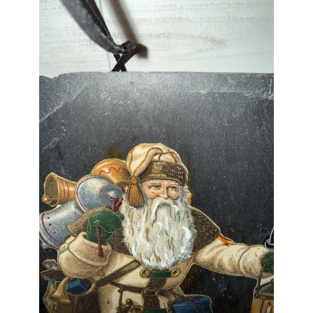 Slate Wall Hanging Olde‎ Father Christmas Primitive Style Fabric On Slate Vtg